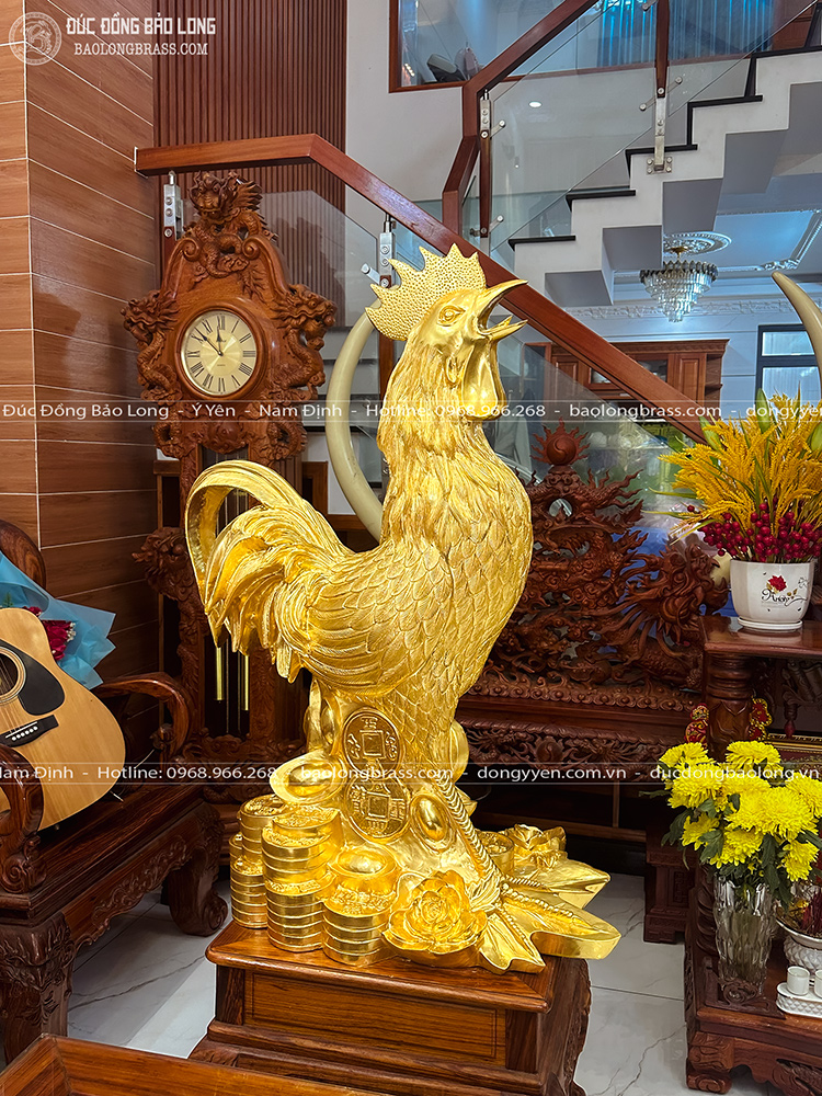 Tượng Gà Trống Bằng Đồng Đỏ Dát Vàng 24K Cao 1m1