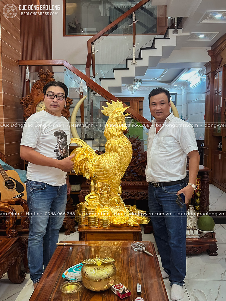 Tượng Gà Trống Bằng Đồng Đỏ Dát Vàng 24K Cao 1m1