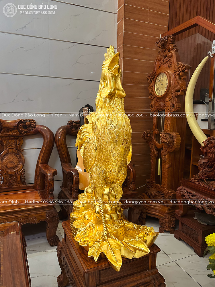 Tượng Gà Trống Bằng Đồng Đỏ Dát Vàng 24K Cao 1m1