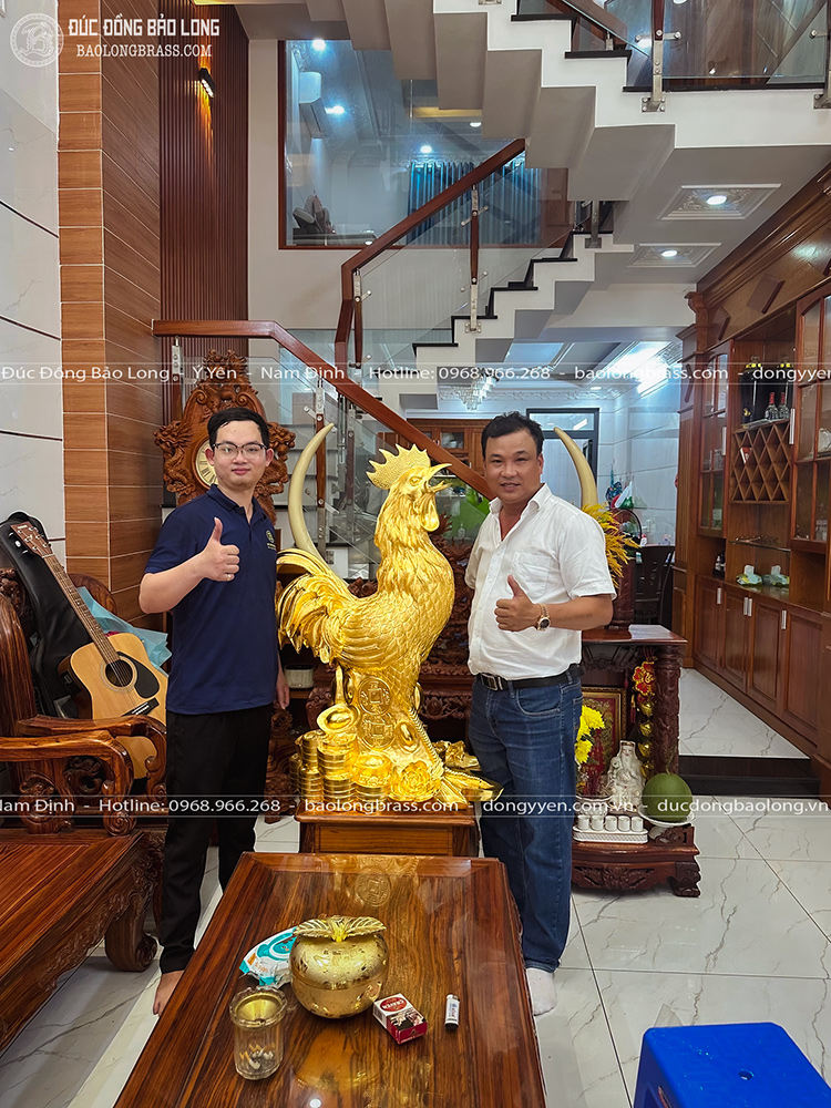 Tượng Gà Trống Bằng Đồng Đỏ Dát Vàng 24K Cao 1m1