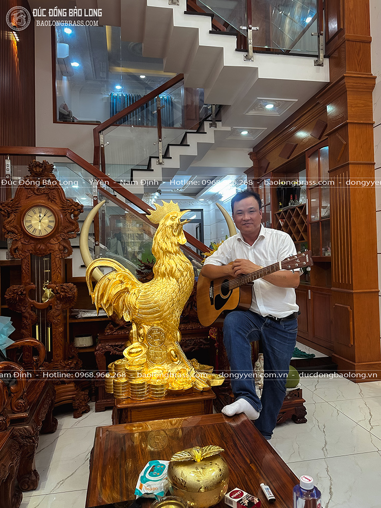 Tượng Gà Trống Bằng Đồng Đỏ Dát Vàng 24K Cao 1m1