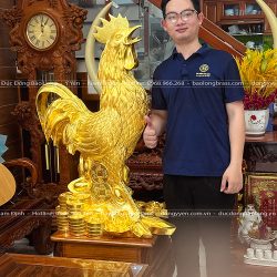 Tượng Gà Trống Bằng Đồng Đỏ Dát Vàng 24K Cao 1m1