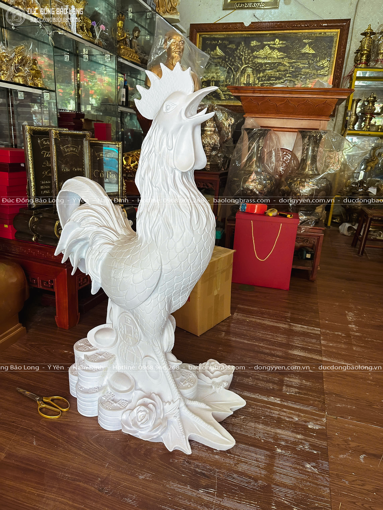 Tượng Gà Trống Bằng Đồng Đỏ Dát Vàng 24K Cao 1m1