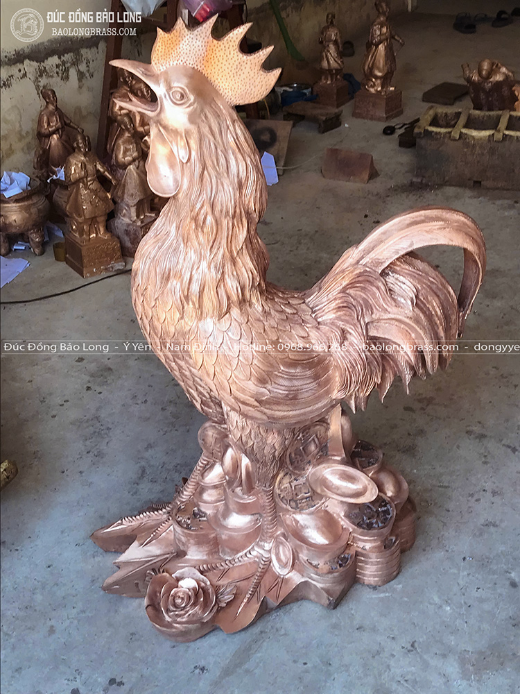 Tượng Gà Trống Bằng Đồng Đỏ Dát Vàng 24K Cao 1m1