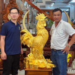 Tượng Gà Trống Bằng Đồng Đỏ Dát Vàng 24K Cao 1m1