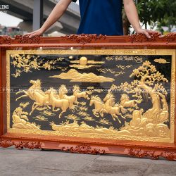 Tranh Mã Đáo Thành Công bằng đồng dát vàng 24K khung gỗ gõ đỏ khổ 1m6 x 92cm