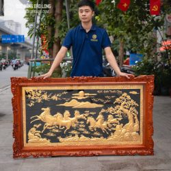 Tranh Mã Đáo Thành Công Bằng Đồng Dát Vàng 24K Khung Gỗ Gõ Đỏ Khổ 1m6 x 92cm