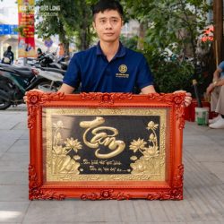 Tranh Chữ Tâm Thư Pháp Bằng Đồng Khung Gỗ Hương Khổ 88cm x 61cm