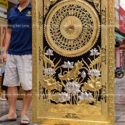 Tranh mặt trống đồng Hoa Sen khung liền đồng khổ 1m55 x 95cm