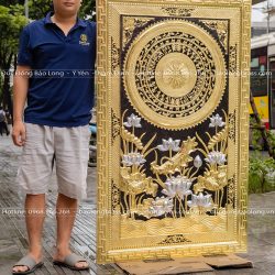 Tranh mặt trống đồng Hoa Sen khung liền đồng khổ 1m55 x 95cm