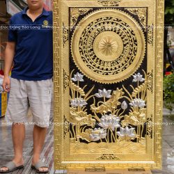 Tranh mặt trống đồng Hoa Sen khung liền đồng khổ 1m55 x 95cm