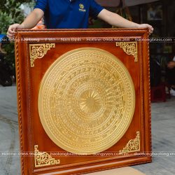 Tranh mặt trống đồng dát vàng 24k khung gỗ gõ đỏ khổ 1m08