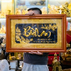 Tranh Chữ Bình An Mạ Vàng Khung Gỗ KT 50*80cm