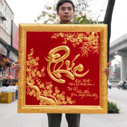 Tranh Chữ Phúc Thư Pháp Mạ Vàng Khung Đồng Vuông 86cm