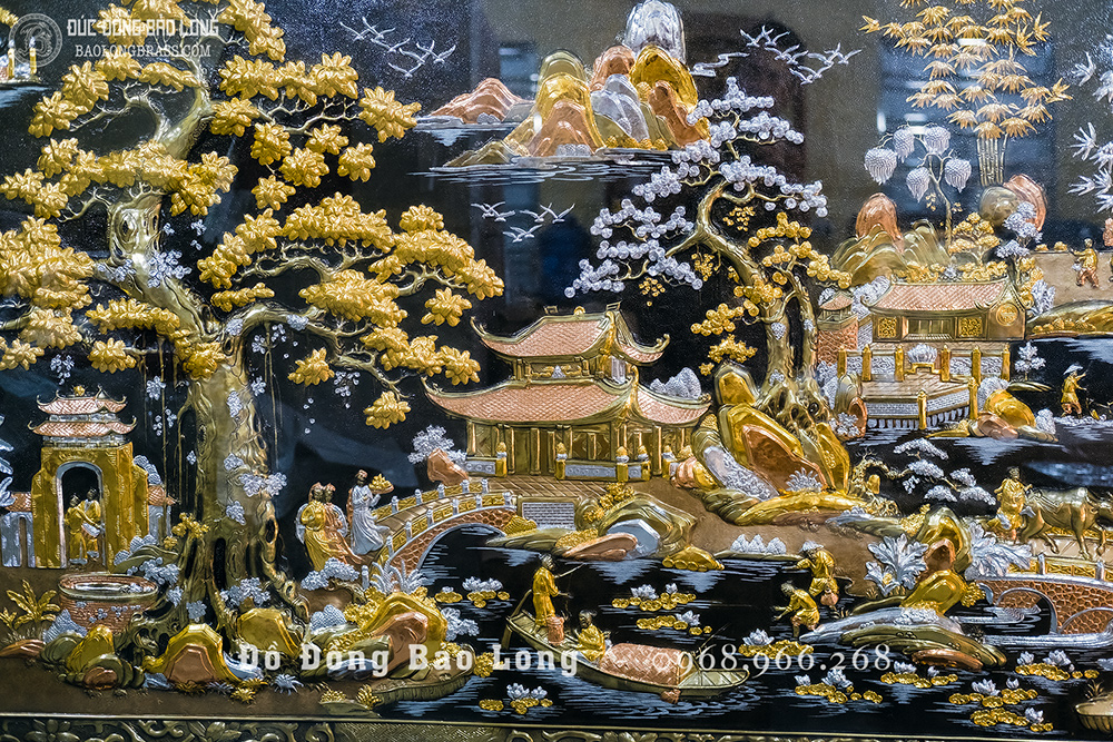 Tranh Cội Nguồn Quê Hương Bằng Đồng Đỏ Dát Điểm Vàng Bạc Khung Gỗ Gụ Khổ 2m62 x 1m55