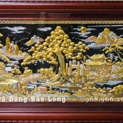 Tranh Cội Nguồn Quê Hương Bằng Đồng Đỏ Dát Điểm Vàng Bạc Khung Gỗ Gụ Khổ 1m97 x 1m07
