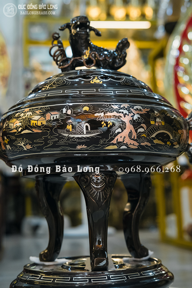 Lư Xông Trầm Tai Cui Bằng Đồng Khảm Ngũ Sắc Cao 40Cm