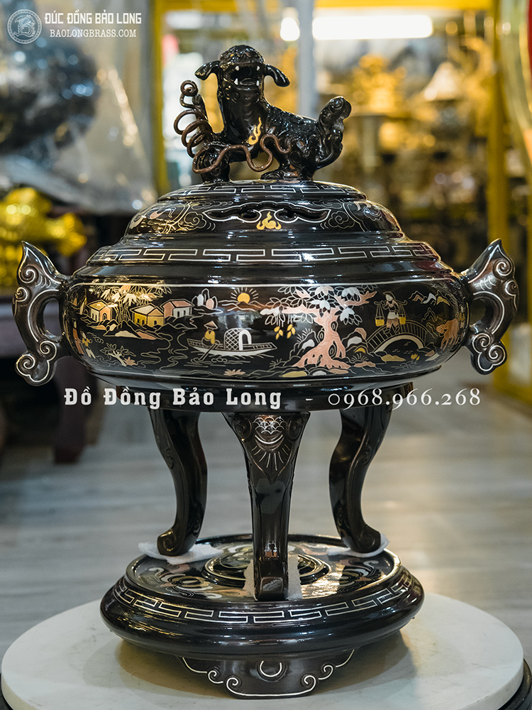 Lư Xông Trầm Tai Cui Bằng Đồng Khảm Ngũ Sắc Cao 40Cm