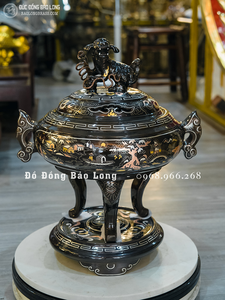 Lư Xông Trầm Tai Cui Bằng Đồng Khảm Ngũ Sắc Cao 40Cm