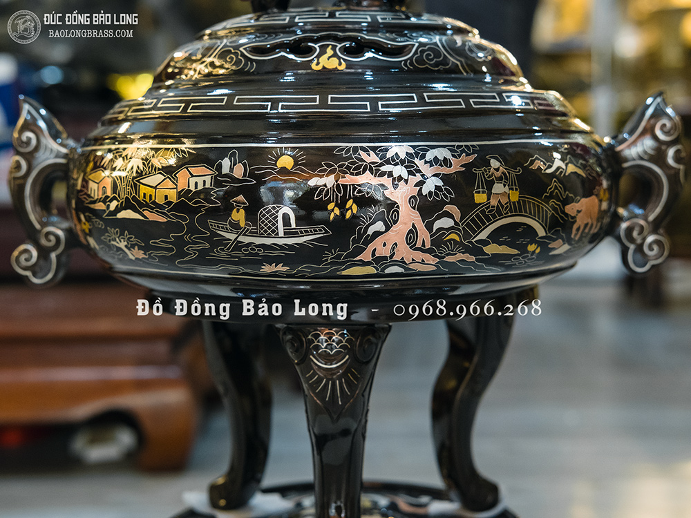 Lư Xông Trầm Tai Cui Bằng Đồng Khảm Ngũ Sắc Cao 40Cm