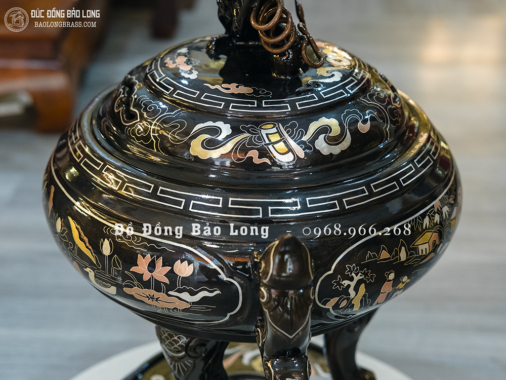 Lư Xông Trầm Tai Cui Bằng Đồng Khảm Ngũ Sắc Cao 40Cm