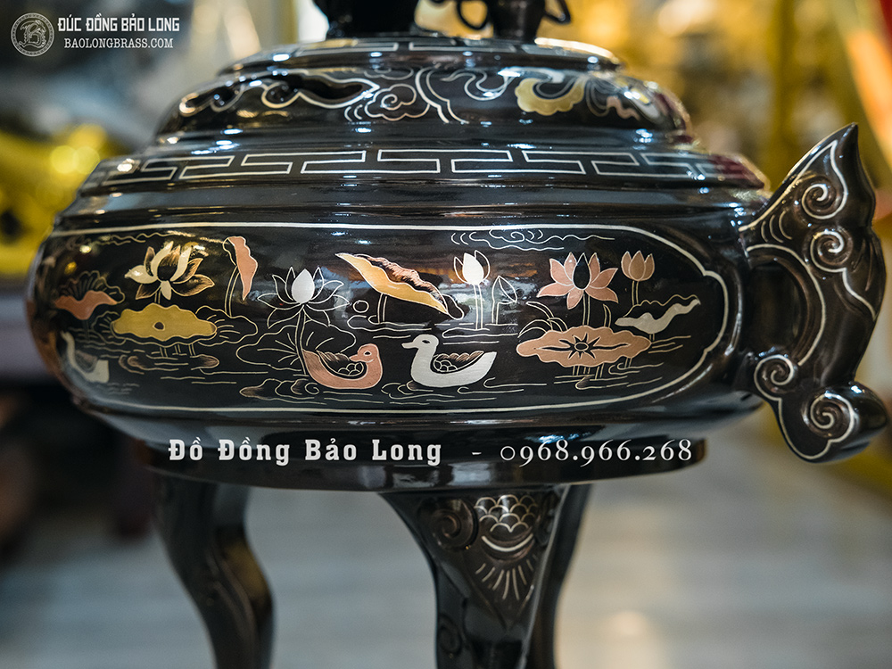 Lư Xông Trầm Tai Cui Bằng Đồng Khảm Ngũ Sắc Cao 40Cm