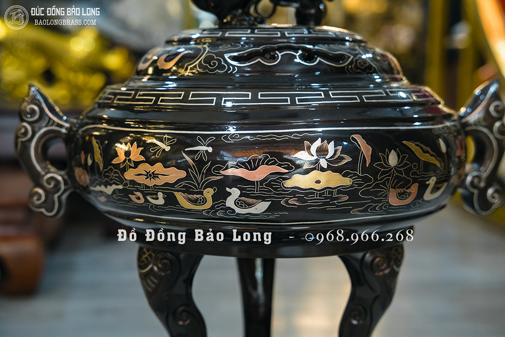 Lư Xông Trầm Tai Cui Bằng Đồng Khảm Ngũ Sắc Cao 40Cm