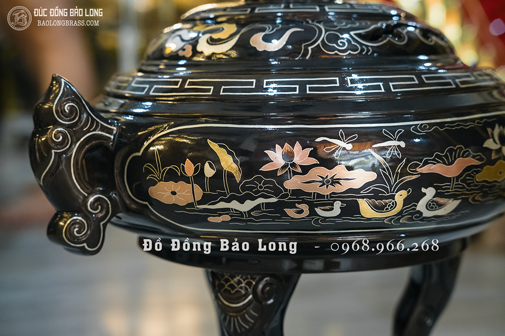 Lư Xông Trầm Tai Cui Bằng Đồng Khảm Ngũ Sắc Cao 40Cm