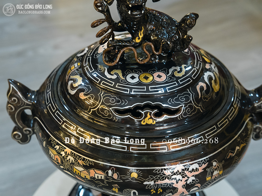 Lư Xông Trầm Tai Cui Bằng Đồng Khảm Ngũ Sắc Cao 40Cm