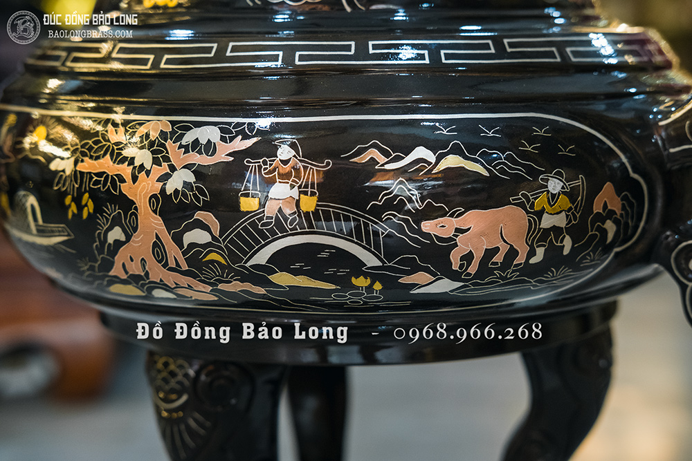 Lư Xông Trầm Tai Cui Bằng Đồng Khảm Ngũ Sắc Cao 40Cm