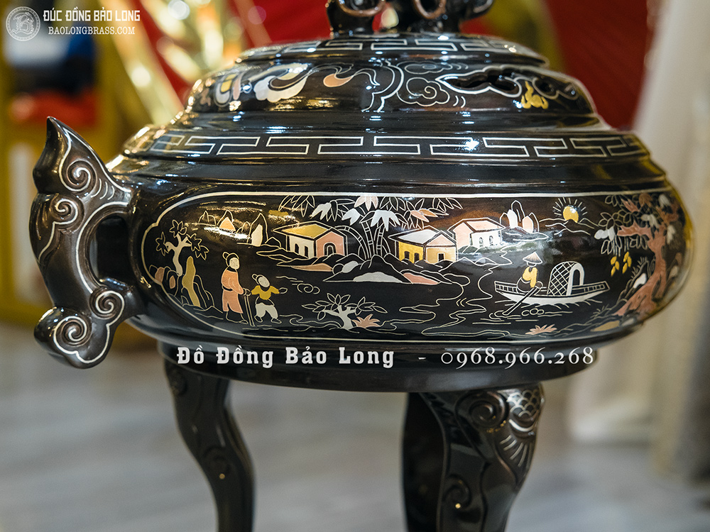 Lư Xông Trầm Tai Cui Bằng Đồng Khảm Ngũ Sắc Cao 40Cm