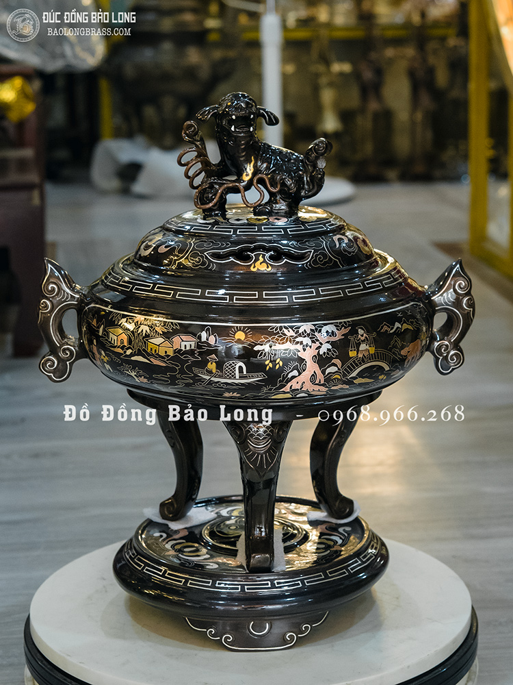 Lư Xông Trầm Tai Cui Bằng Đồng Khảm Ngũ Sắc Cao 40Cm