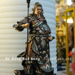 Tượng Quan Công đứng chống đao bằng đồng khảm tam khí cao 42cm
