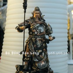 Tượng Quan Công đứng chống đao bằng đồng khảm tam khí cao 42cm