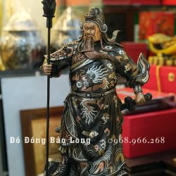 Tượng Quan Công đứng chống đao bằng đồng khảm tam khí cao 42cm