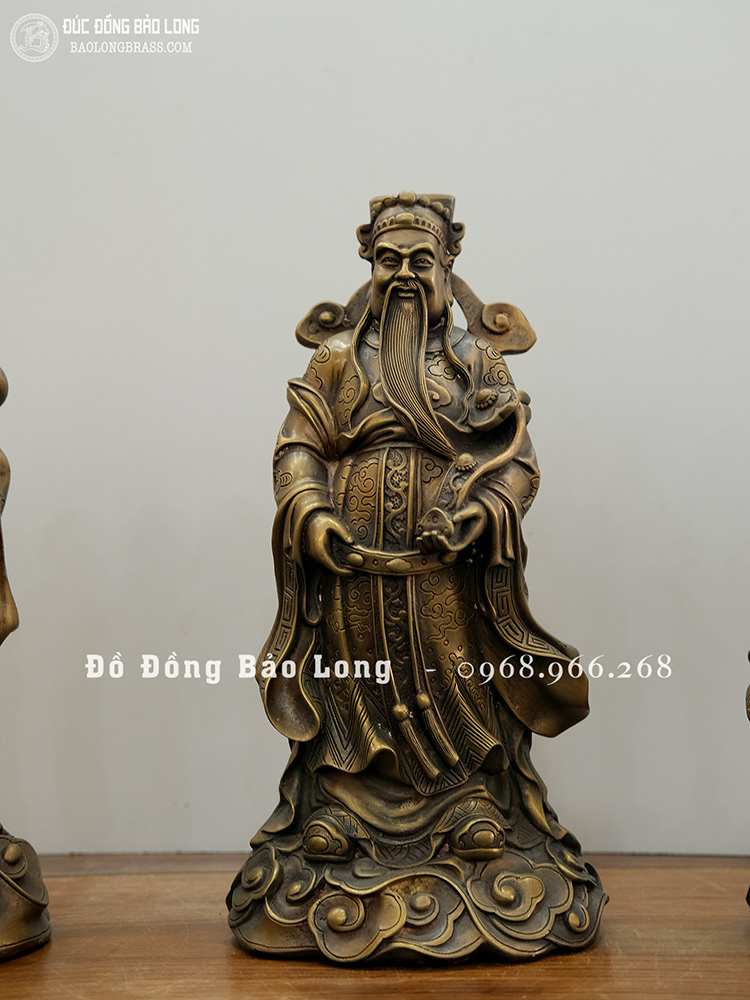 Tượng Tam Đa Phúc Lộc Thọ Bằng Đồng Vàng Màu Trầm Cổ Cao 33Cm