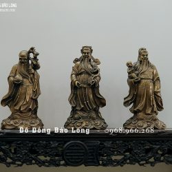 Tượng Tam Đa Phúc Lộc Thọ Bằng Đồng Vàng Màu Trầm Cổ Cao 33Cm