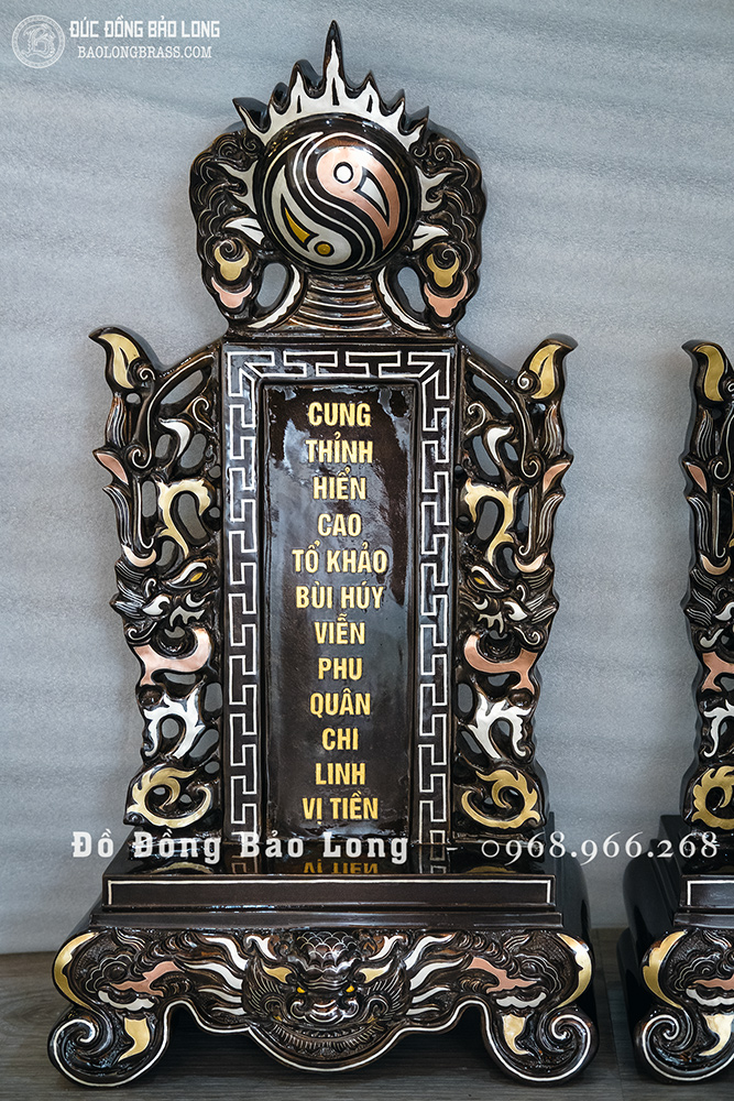 Bài Vị Đúc Bằng Đồng Đỏ Cao 48Cm Khảm Ngũ Sắc