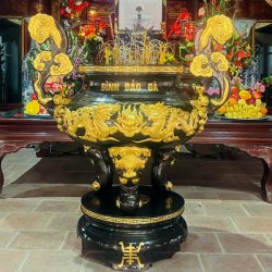 Lư Hương Đồng Song Long Chầu Nguyệt Dát Vàng 9999 Cao 1m33