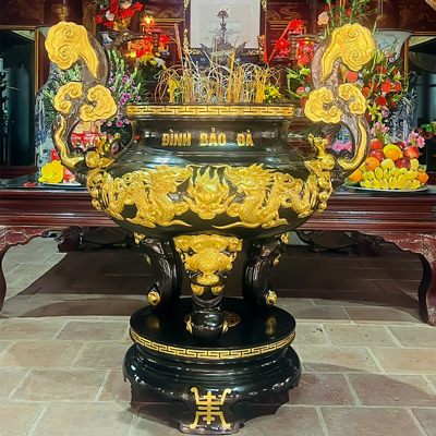 Lư Hương Đồng Song Long Chầu Nguyệt Dát Vàng 9999 Cao 1m33