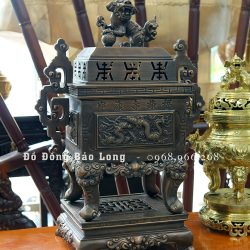 Đỉnh Vuông Đúc Tứ Linh Bằng Đồng Đỏ Cao 70Cm Màu Trầm Cổ