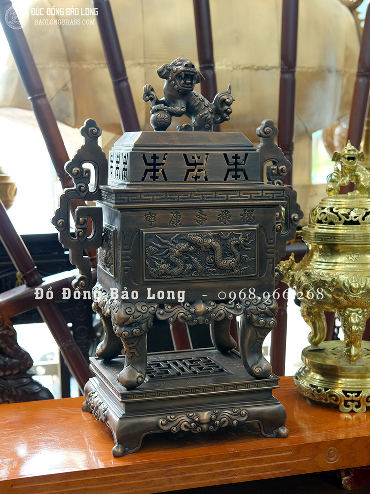 Đỉnh Vuông Đúc Tứ Linh Bằng Đồng Đỏ Cao 70Cm Màu Trầm Cổ