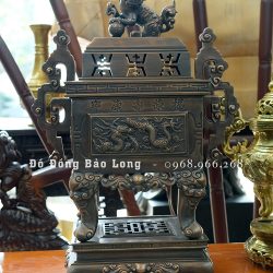 Đỉnh Vuông Đúc Tứ Linh Bằng Đồng Đỏ Cao 70Cm Màu Trầm Cổ