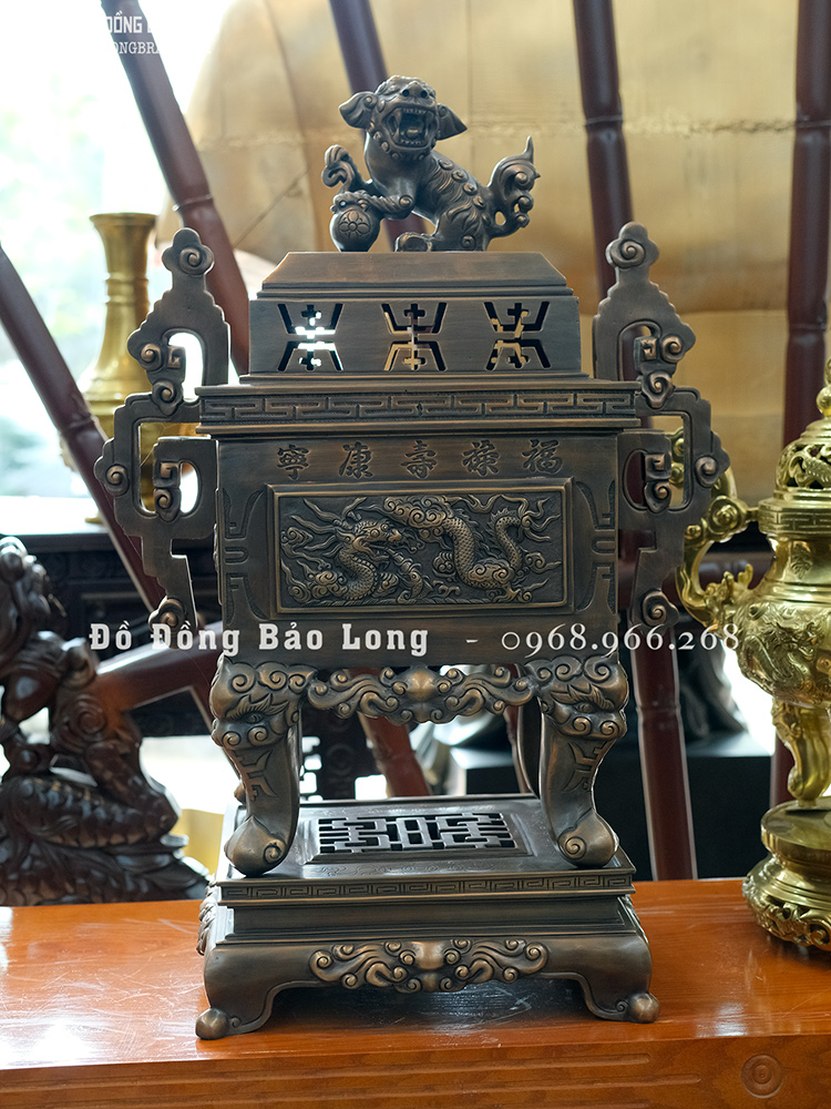 Đỉnh Vuông Đúc Tứ Linh Bằng Đồng Đỏ Cao 70Cm Màu Trầm Cổ