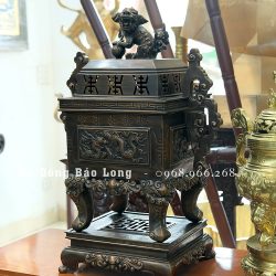 Đỉnh Vuông Đúc Tứ Linh Bằng Đồng Đỏ Cao 70Cm Màu Trầm Cổ