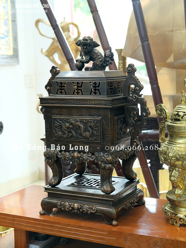 Đỉnh Vuông Đúc Tứ Linh Bằng Đồng Đỏ Cao 70Cm Màu Trầm Cổ