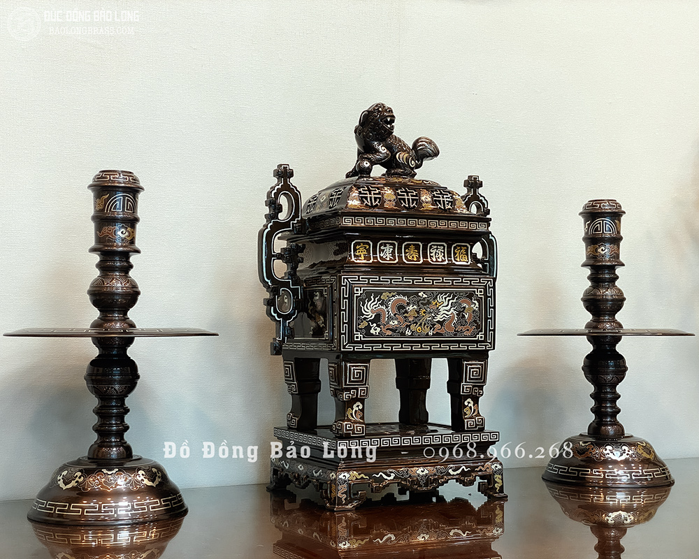Đỉnh Vuông Tai Chiên Khảm Ngũ Sắc Cao 60Cm