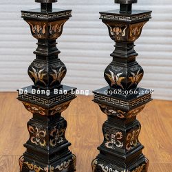 Bộ Tam Sự chân nến đỉnh vuông bằng đồng khảm tam khí 5 chữ vàng cao 60cm