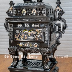 Bộ Tam Sự chân nến đỉnh vuông bằng đồng khảm tam khí 5 chữ vàng cao 60cm