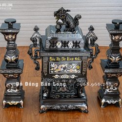 Bộ Tam Sự chân nến đỉnh vuông bằng đồng khảm tam khí 5 chữ vàng cao 60cm